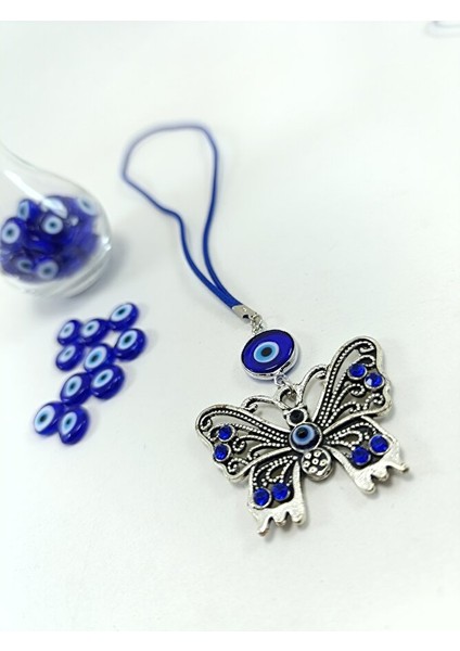 Mavi Taşlı Metal Kelebek Cam Nazar Boncuklu Dikiz Ayna Süsü, Metalik Gümüş Renk Yeni Araba Hediyesi indirimleri