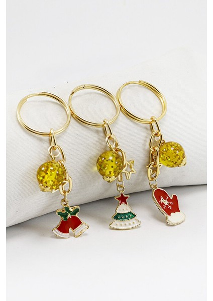 Gold Halkalı Renkli Yılbaşı Temalı Anahtarlık, Hediyelik Christmas Çanta Süsü