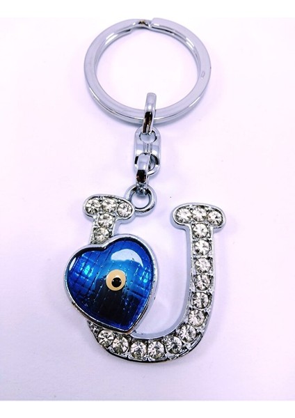 Kalp Nazar Boncuğu Metal Kristal Taşlı U Harfi Anahtarlık Hediyelik Aksesuar