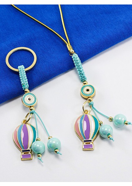 Beyaz Renkli Çerçeveli Nazar Boncuklu Renkli Uçan Balon Salkım Anahtarlık, Dikiz Ayna Süsü 2'li Set