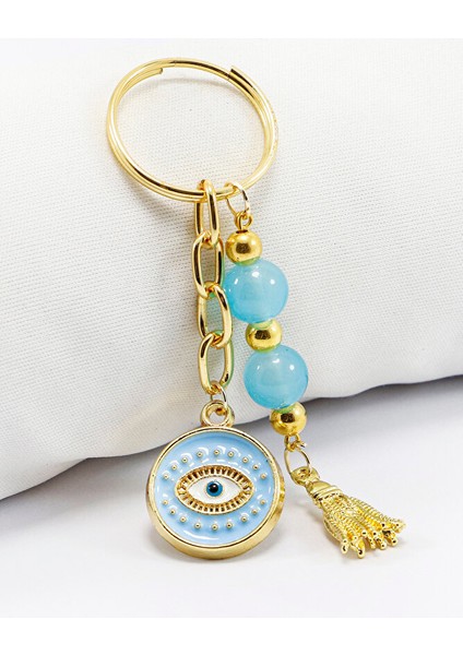 Turkuaz Salkım Boncuklu Göz Figürlü Anahtarlık, Hediyelik Anahtarlık