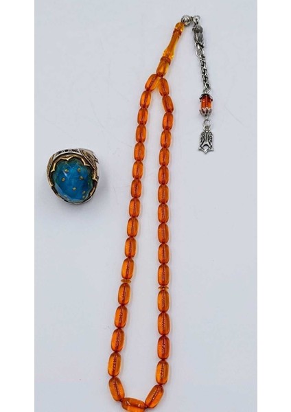 Turuncu Kapsül Kesim Alpaka Püskül Kehribar Tespih (Ahşap Kutulu)