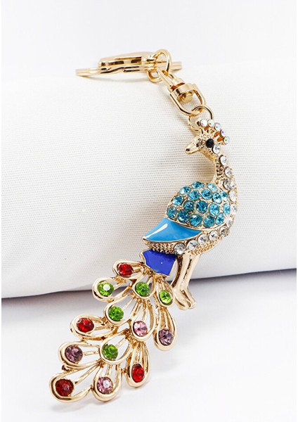 Renkli Parlak Taşlı Tavus Kuşlu Anahtarlık, Hediyelik Anahtarlık