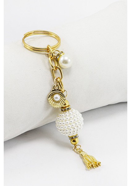 Gold Halkalı Beyaz Incili Böğürtlen Salkım Püsküllü Anahtarlık, Hediyelik Çanta Süsü
