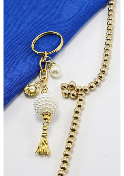 Gold Halkalı Beyaz Incili Böğürtlen Salkım Püsküllü Anahtarlık, Hediyelik Çanta Süsü fiyatları