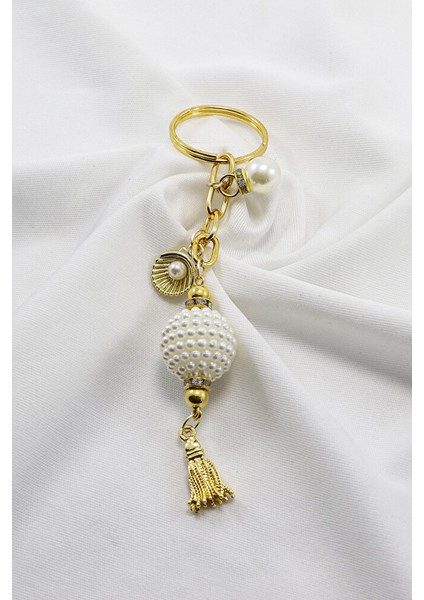 Gold Halkalı Beyaz Incili Böğürtlen Salkım Püsküllü Anahtarlık, Hediyelik Çanta Süsü modelleri