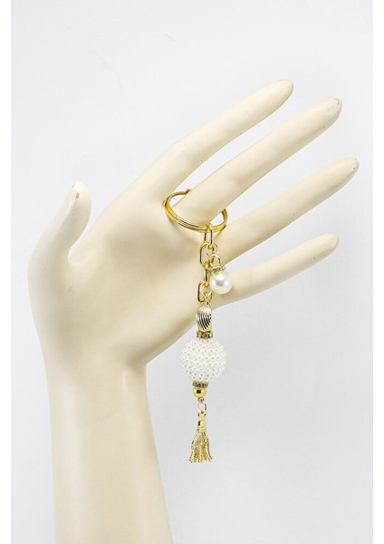 Gold Halkalı Beyaz Incili Böğürtlen Salkım Püsküllü Anahtarlık, Hediyelik Çanta Süsü fırsatları