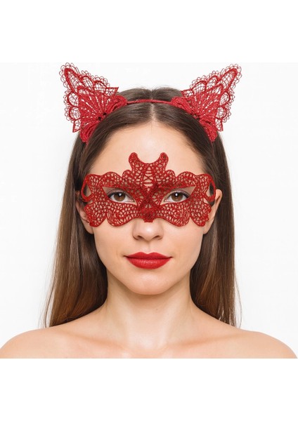 Ateş Kırmızısı Dantel Taç ve Maske Seti 10 No - Maskeli Balo &amp;amp;amp; Özel Gün Seti (5148)