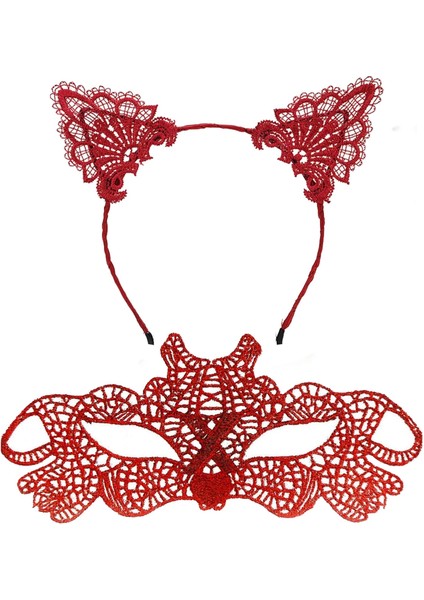 Ateş Kırmızısı Dantel Taç ve Maske Seti 10 No - Maskeli Balo &amp;amp;amp; Özel Gün Seti (5148) fiyatları