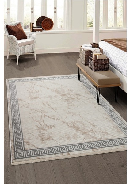Glory Vl Saçaklı Modern Dokuma Halı Oturma Odası Salon Mutfak Halısı Krem Bej Gri T2B
