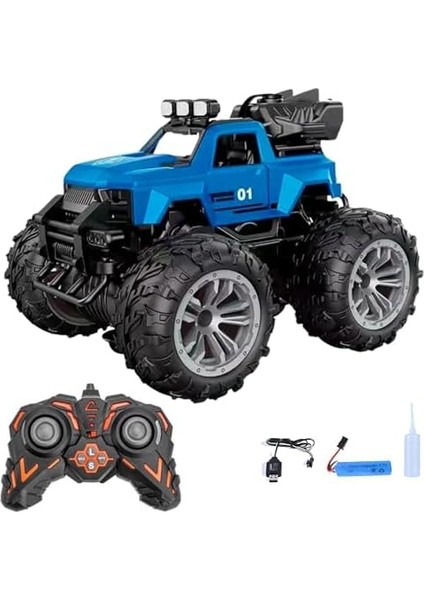 Oyuncak 4x4 Uzaktan Kumandalı Duman Atan 4 Çeker Motor Şarjlı Hız Vites Tuşlu Araba Buhar Atan Yüksek Teker Araba 15 Km/h Hız Mavi, Yeşil, Kırmızı (Mavi)