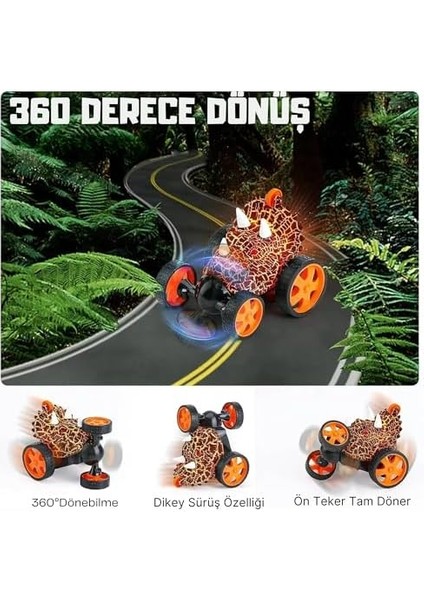 Uzaktan Kumandalı Dinozor Araba 360° Hareketli, Pilli,ışıklı, Atan Full Fonksiyon, Ön Tekerlekleri Akrobat Dönebilen Araba (Kahverengi)