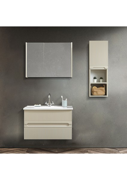 Duo 80 cm Krem %100 Mdf Lavabolu Banyo Dolabı, Aynalı Üst Dolap ve Boy Dolabı