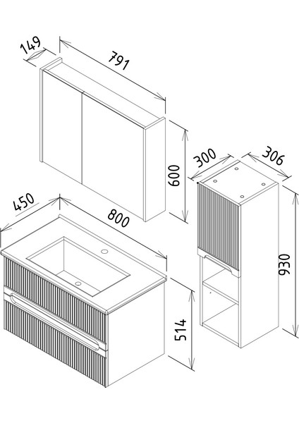 Duo 80 cm Krem %100 Mdf Lavabolu Banyo Dolabı, Aynalı Üst Dolap ve Boy Dolabı fiyatları