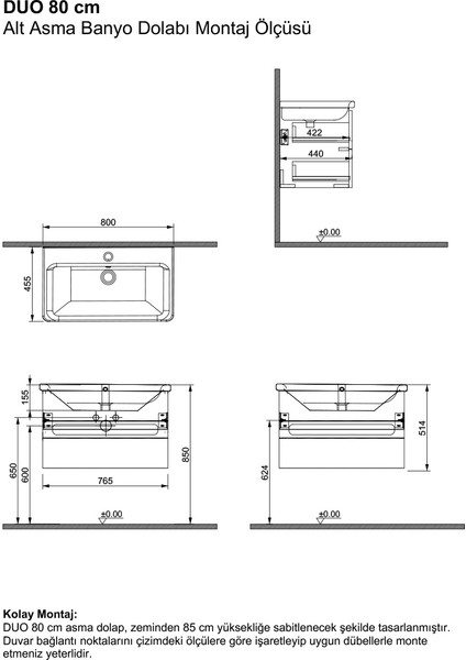 Duo 80 cm Krem %100 Mdf Lavabolu Banyo Dolabı, Aynalı Üst Dolap ve Boy Dolabı modelleri