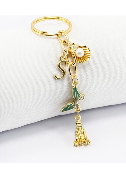 Turkuaz Kelebekli Kişiye Özel Harfli Dikiz Ayna Süsü, Gold Renkli Metal Püsküllü