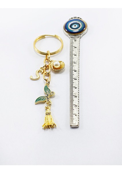 Turkuaz Kelebekli Kişiye Özel Harfli Dikiz Ayna Süsü, Gold Renkli Metal Püsküllü fiyatları