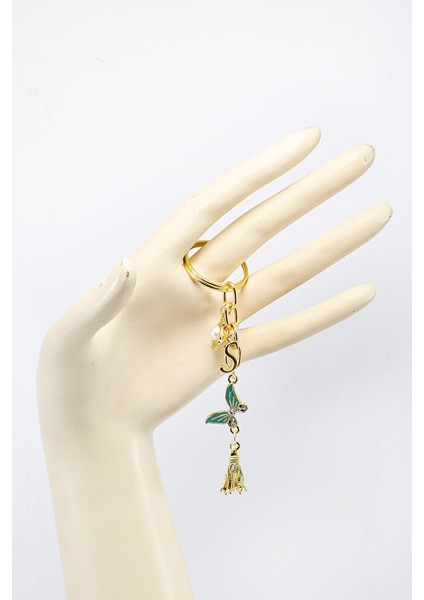 Turkuaz Kelebekli Kişiye Özel Harfli Dikiz Ayna Süsü, Gold Renkli Metal Püsküllü modelleri