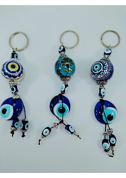 Üçlü Seramik Nazar Boncuklu Anahtarlık Seti El Yapımı Hediyelik Eşya