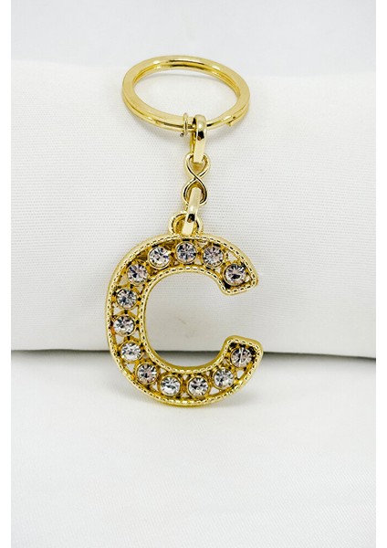 Gold Renkli Parlak Taşlı C Harfi Anahtarlık, Hediyelik Harfli Anahtarlık