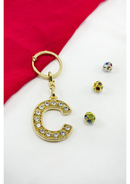 Gold Renkli Parlak Taşlı C Harfi Anahtarlık, Hediyelik Harfli Anahtarlık fiyatları