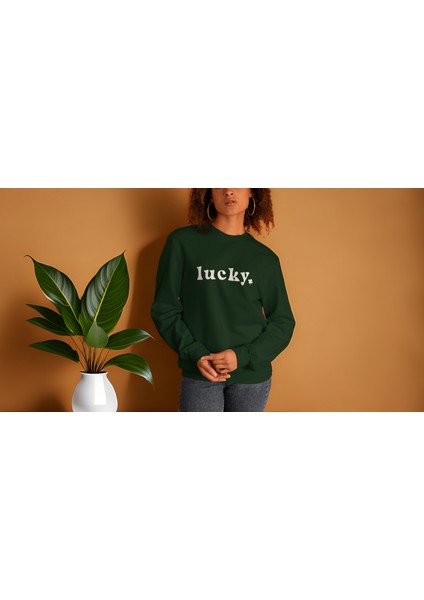 Kadın Yeşil Oversize Kalın Içi Polarlı Sweatshirt – Lucky Yazı Detaylı fiyatları