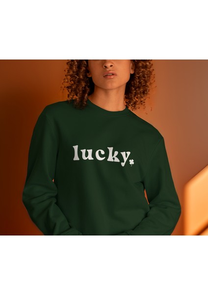 Kadın Yeşil Oversize Kalın Içi Polarlı Sweatshirt – Lucky Yazı Detaylı modelleri