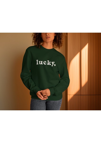 Kadın Yeşil Oversize Kalın Içi Polarlı Sweatshirt – Lucky Yazı Detaylı fırsatları