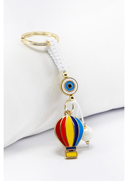 Beyaz Renkli Çerçeveli Nazar Boncuklu Renkli Uçan Balon Salkım Dikiz Ayna Süsü, Yeni Araba Hediyesi