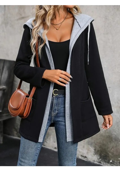 Kadın Uzun Kollu Kapşonlu Çift Renkli Şardonlu Iki Iplik Ceket fiyatları