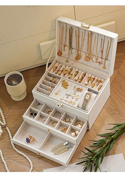 Takı Mücevher Kutusu 3 Katlı 2 Çekmeceli Organizer Düzenleyici Kilitlenebilir Suni Deri Takı Kutusu