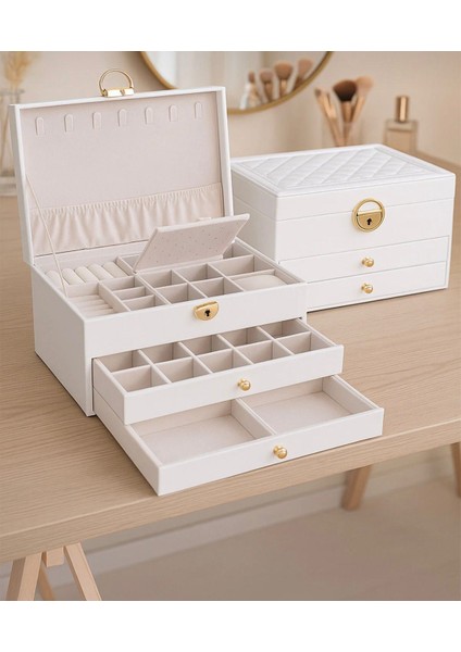 Takı Mücevher Kutusu 3 Katlı 2 Çekmeceli Organizer Düzenleyici Kilitlenebilir Suni Deri Takı Kutusu fiyatları