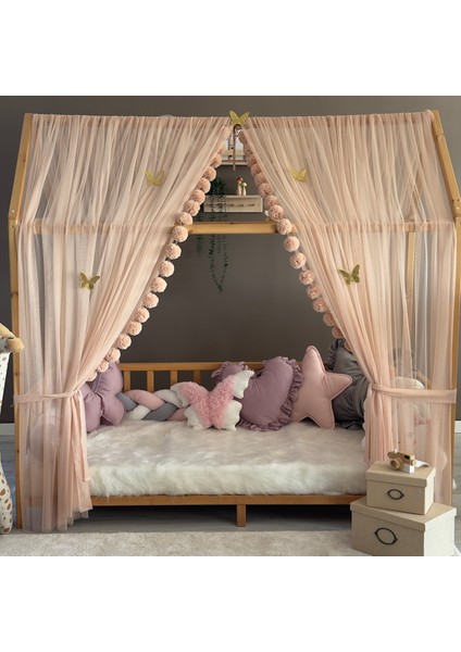 Açık Pudra Çift Perdeli Montessori Yatak Cibinliği