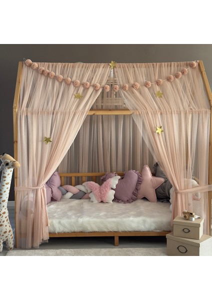 Açık Pudra Çift Perdeli Montessori Yatak Cibinliği