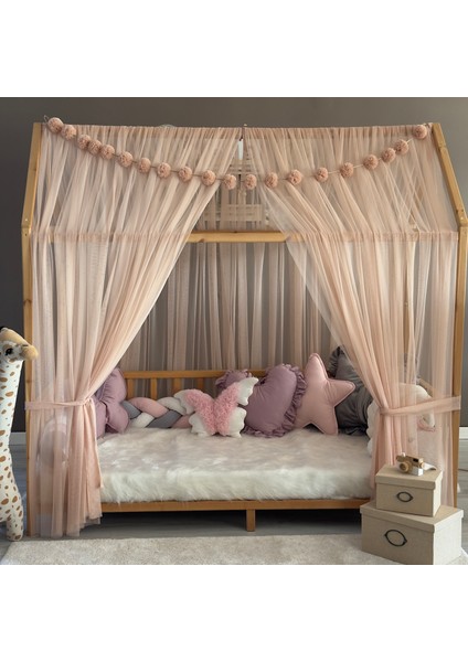 Açık Pudra Çift Perdeli Montessori Yatak Cibinliği