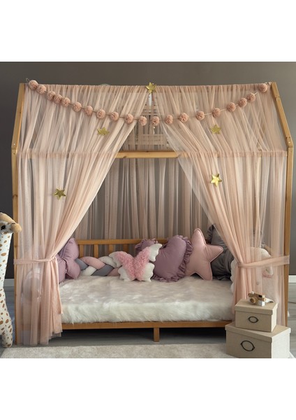 Açık Pudra Çift Perdeli Montessori Yatak Cibinliği