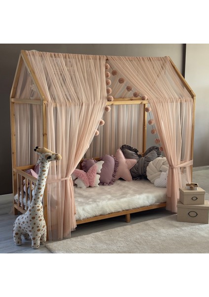 Açık Pudra Çift Perdeli Montessori Yatak Cibinliği