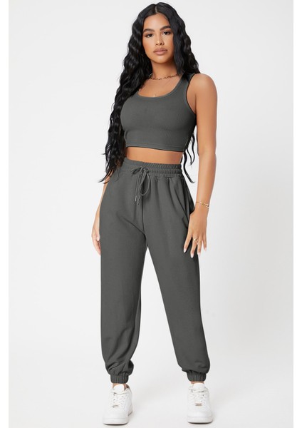 Kadın Antrasit Gri Kaşkorse Cepli Jogger Eşofman Altı ve Crop Top Bluz