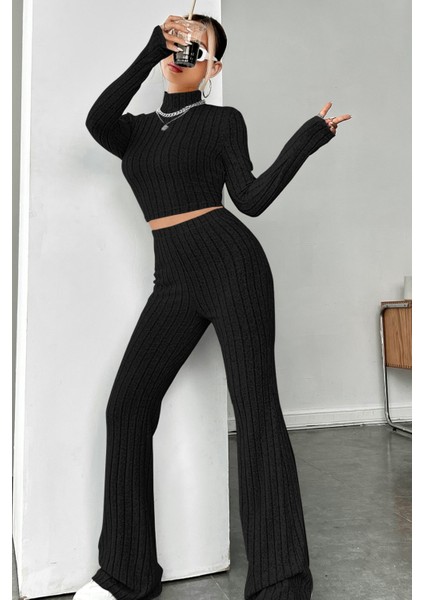 Kadın Siyah Boğazlı Crop Top ve Yüksek Bel Eşofman Takımı Spor Şık Kombin fırsatları