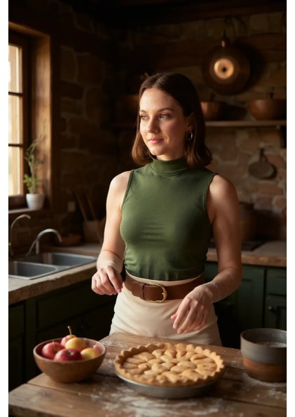 Kadın Haki Yeşili Kolsuz Balıkçı Yaka Basic Bluz