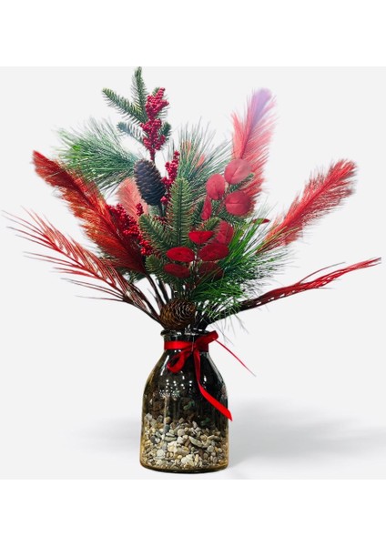 Cam Vazoda Kırmızı Kokina Yapay Çiçek Aranjmanı (60X40 Cm) Dekoratif Masaüstü