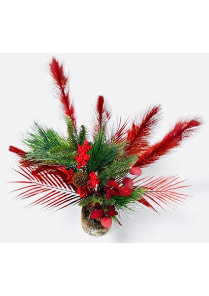 Cam Vazoda Kırmızı Kokina Yapay Çiçek Aranjmanı (60X40 Cm) Dekoratif Masaüstü modelleri