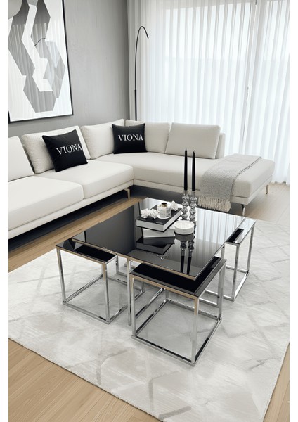 Melba 5'li Krom Kaplama Füme Aynalı Orta Sehpa & Zigon Sehpa & Yan Sehpa & Bohem Sehpa Takımı