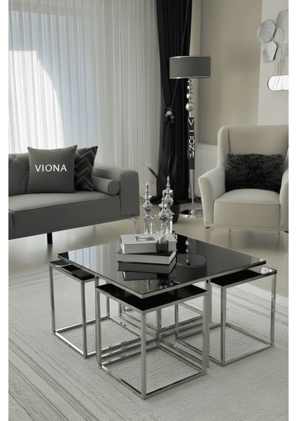 Melba 5'li Krom Kaplama Füme Aynalı Orta Sehpa & Zigon Sehpa & Yan Sehpa & Bohem Sehpa Takımı