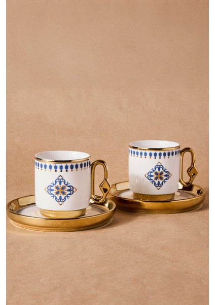 Cihangir 2 Kişilik Porselen Mavi Çini Deseni Kahve Fincanı Takımı