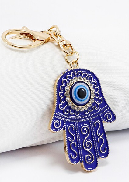 Lacivert Desenli Parlak Taşlı Hamse Eli Anahtarlık, Hediyelik Nazarlı Çanta Süsü