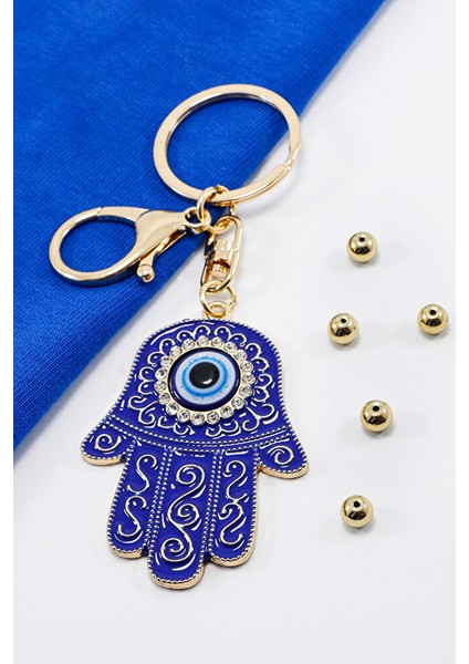Lacivert Desenli Parlak Taşlı Hamse Eli Anahtarlık, Hediyelik Nazarlı Çanta Süsü fiyatları