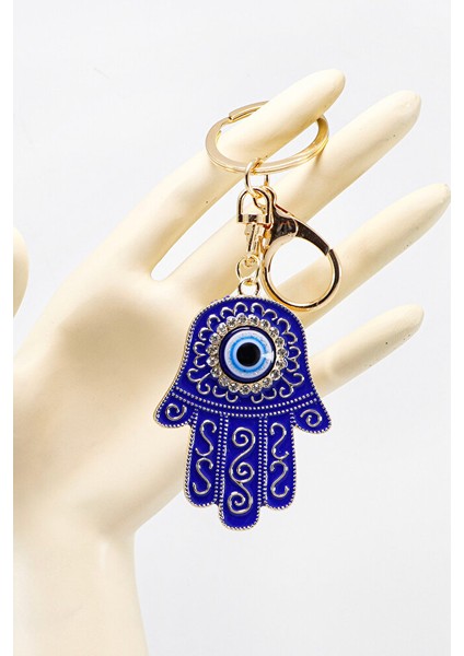 Lacivert Desenli Parlak Taşlı Hamse Eli Anahtarlık, Hediyelik Nazarlı Çanta Süsü modelleri