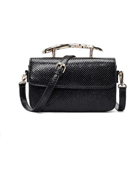 Kadın Siyah Uzun Askılı Desenli Mini Kol Çantası 25ABD250840