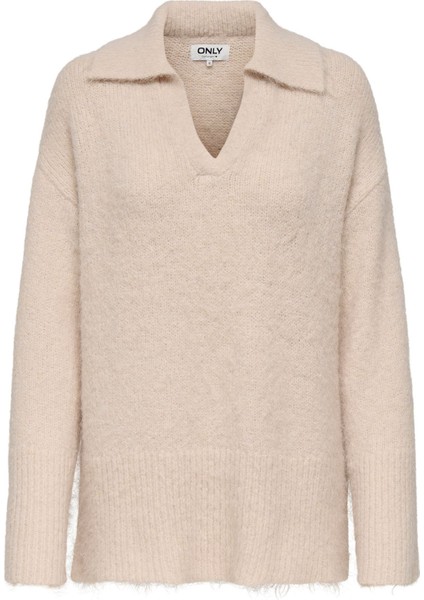 V Yaka Rahat Düz Krem Kadın Kazak Onlmaggıe Lıfe Ls Polo cc Knt